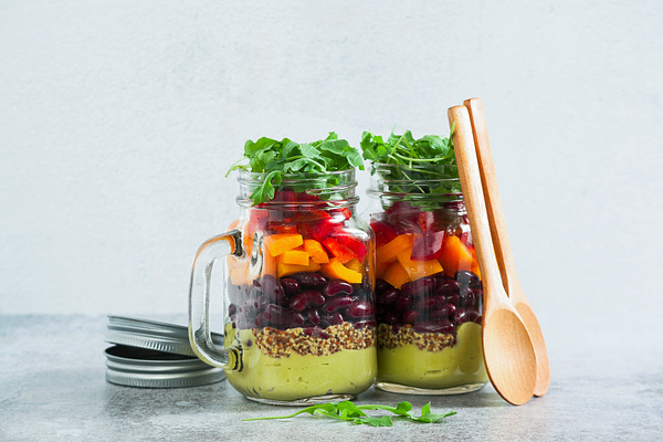 Rainbow Colored Salad In Jars On The Table With Beans Fresh Ve High Quality Food Images Creative Market