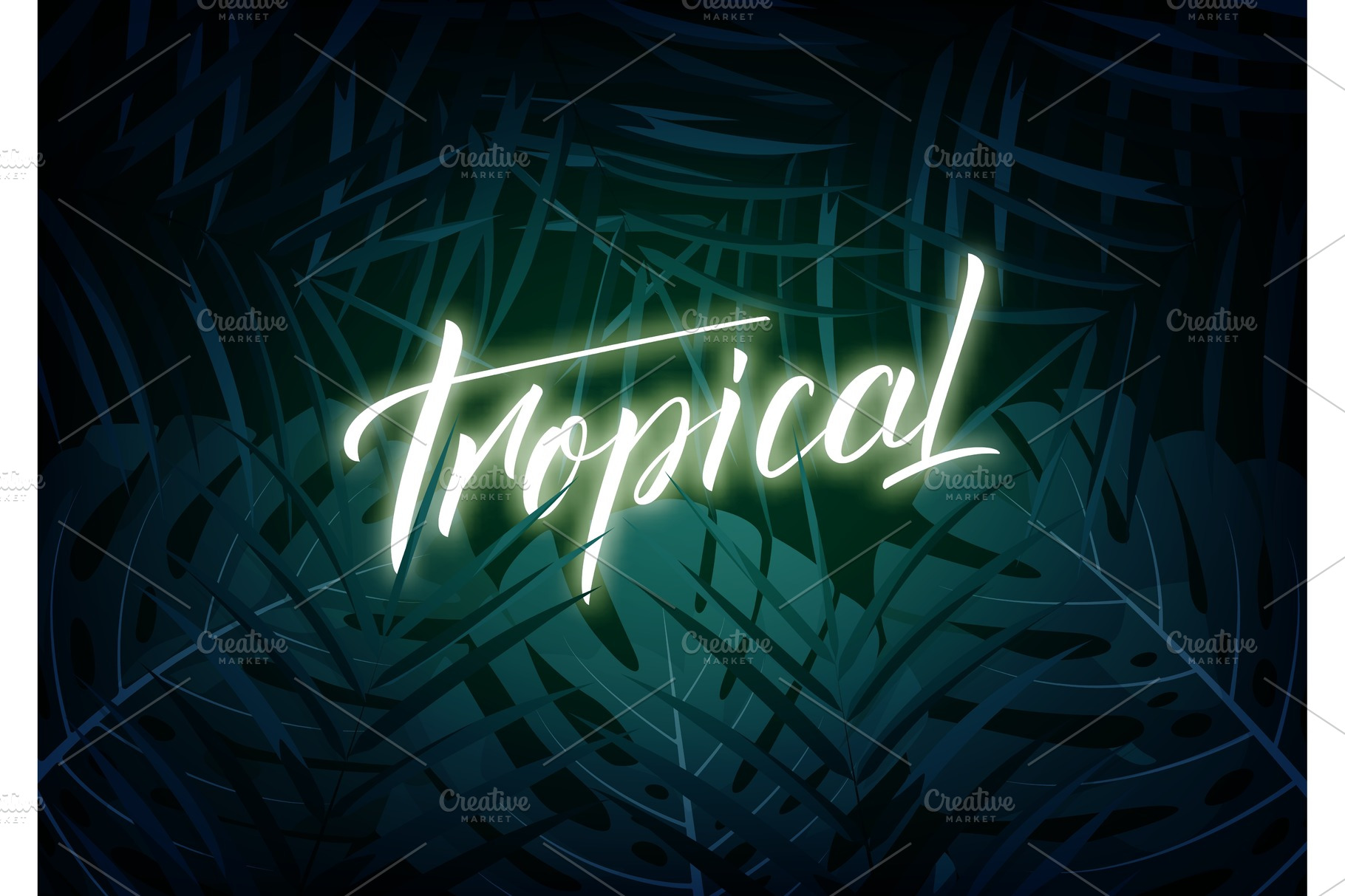 Tropical. Modern design layout with glowinglettering and tropic jungle ...