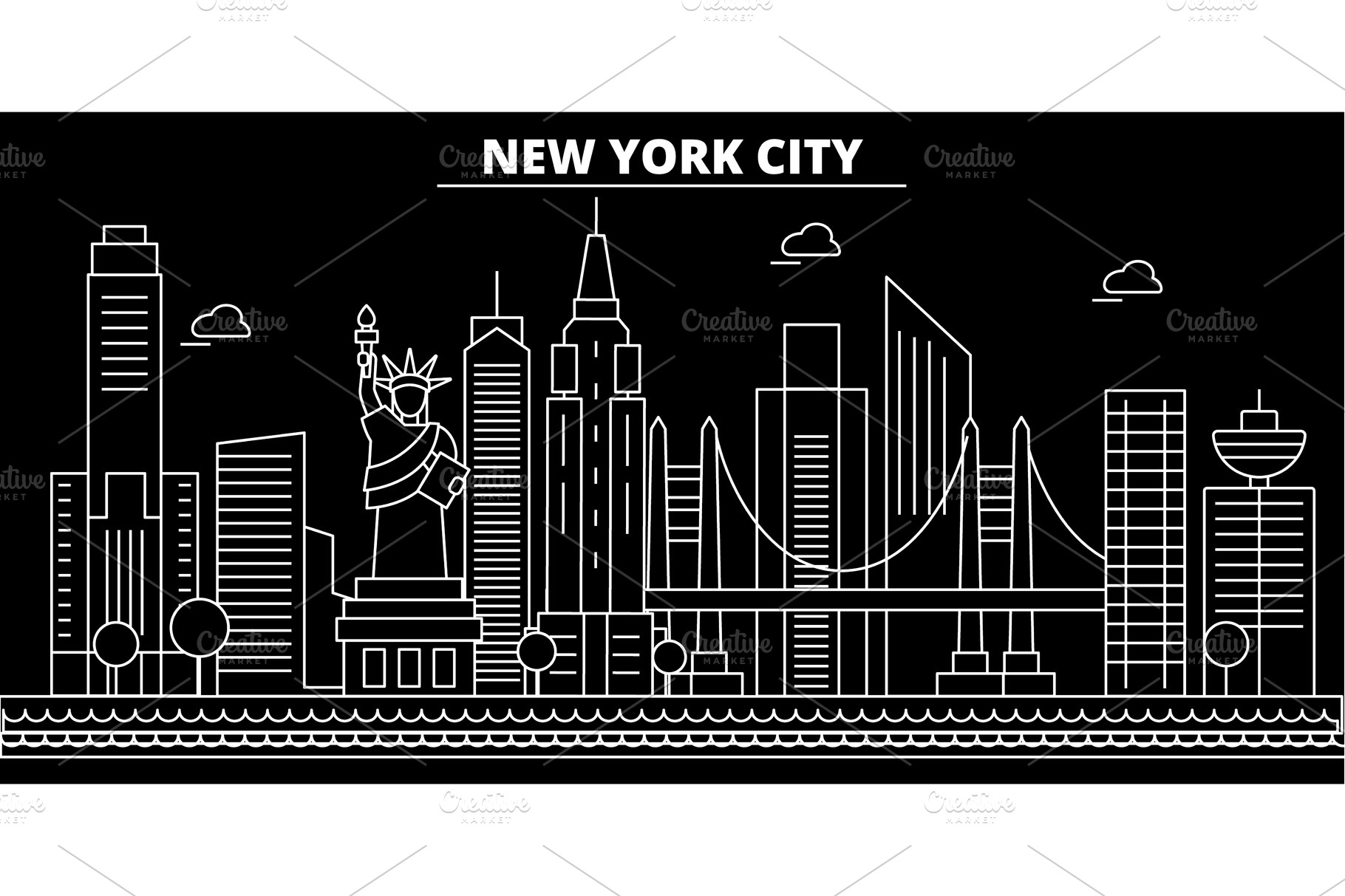 New York Silhouette Skyline Usa New York Vector American Linear Architecture Buildings New York Travel Illustration Outline Landmarks Usa Flat Icon American Line Banner Pre Designed Vector Graphics Creative Market