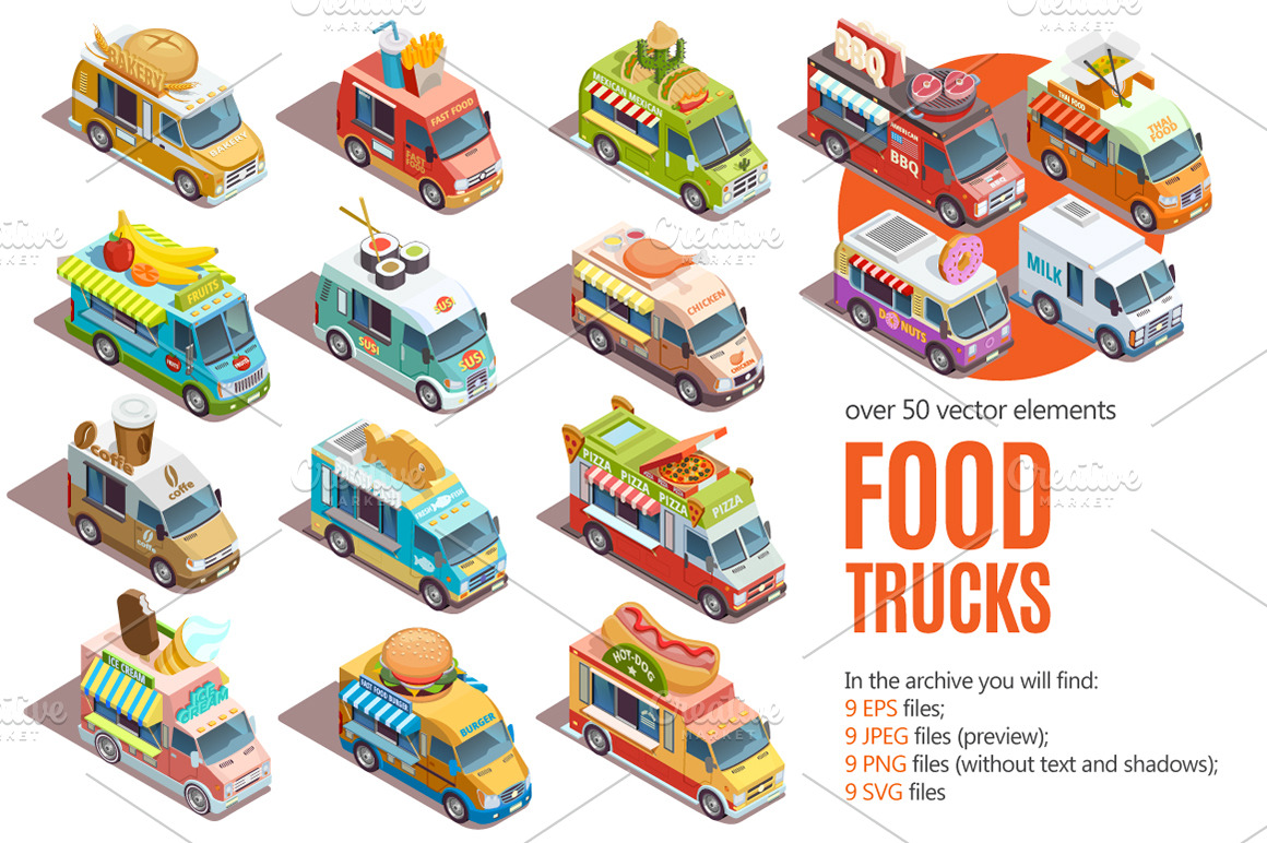 Download Sale Big Isometric Food Trucks Set Pre Designed Photoshop Graphics Creative Market