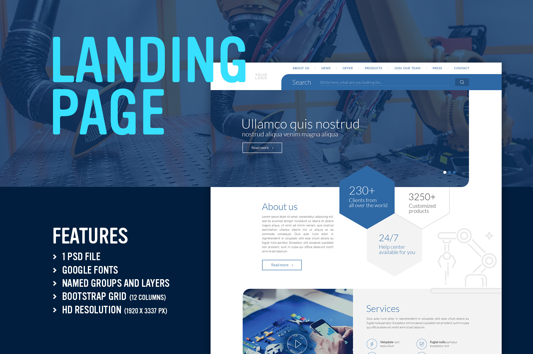 Download Blue Me Landing Page Psd Template Creative Photoshop Templates Creative Market PSD Mockup Templates