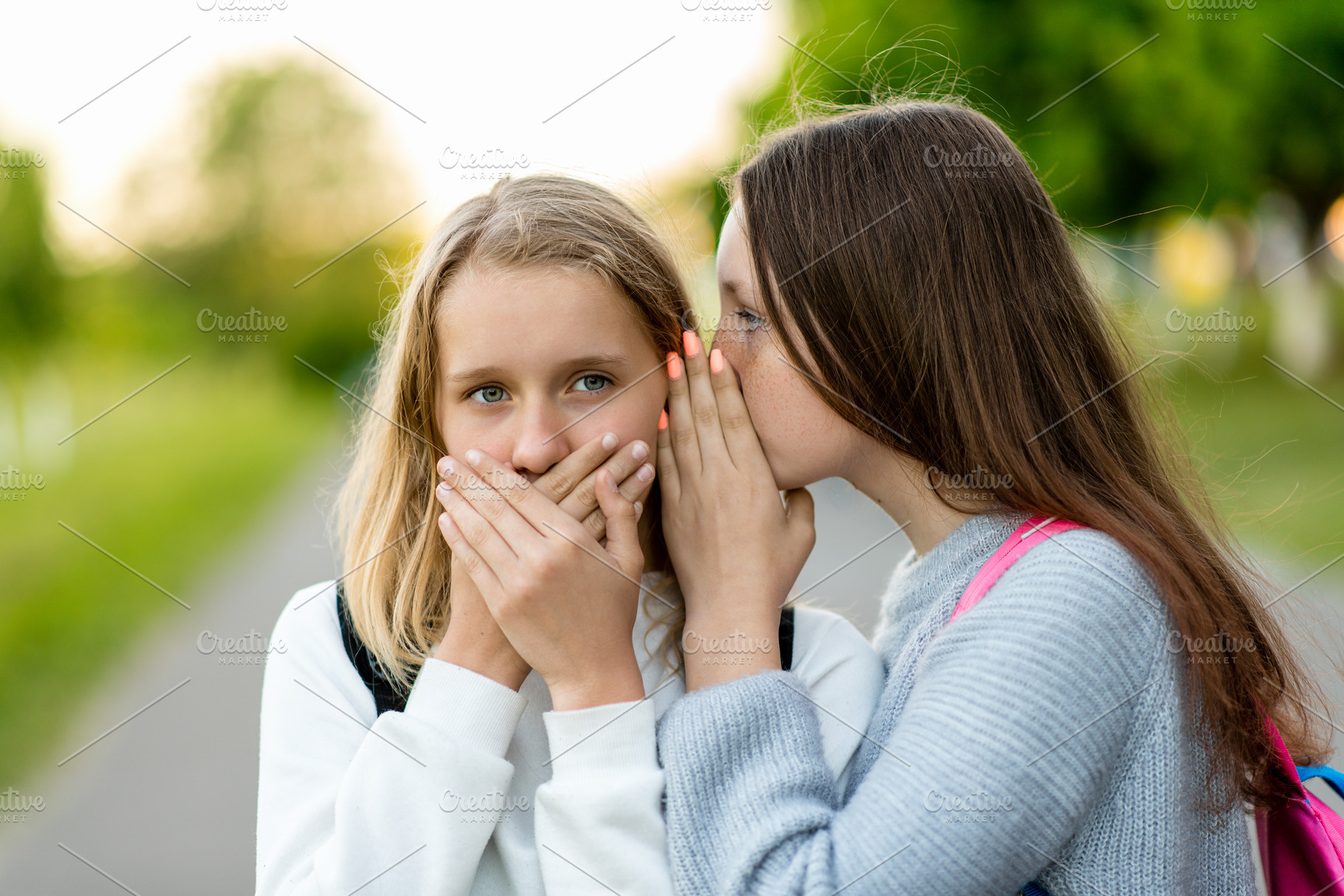 Where girlfriends schoolgirls summer in nature they tell each other a ... photo