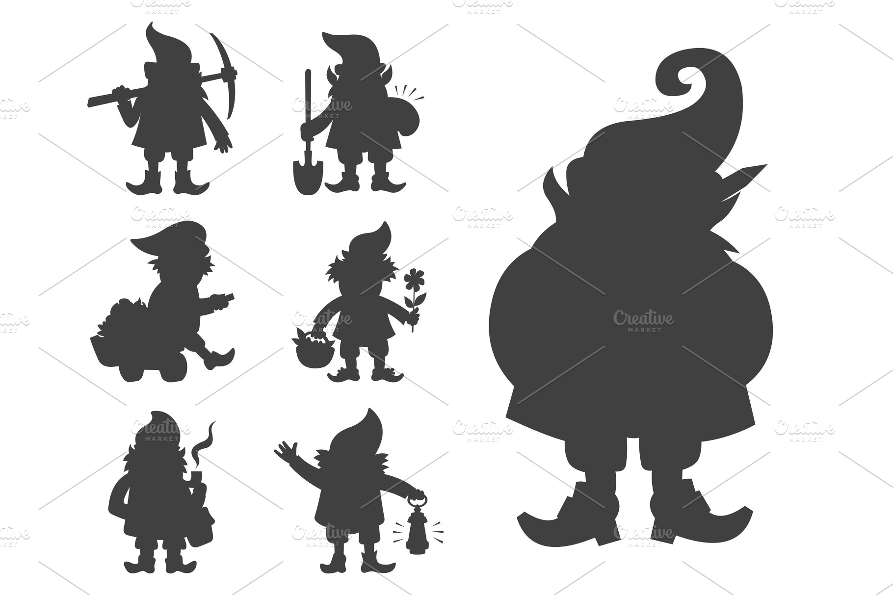 Fairy tale fantastic gnome dwarf elf character black silhouette poses