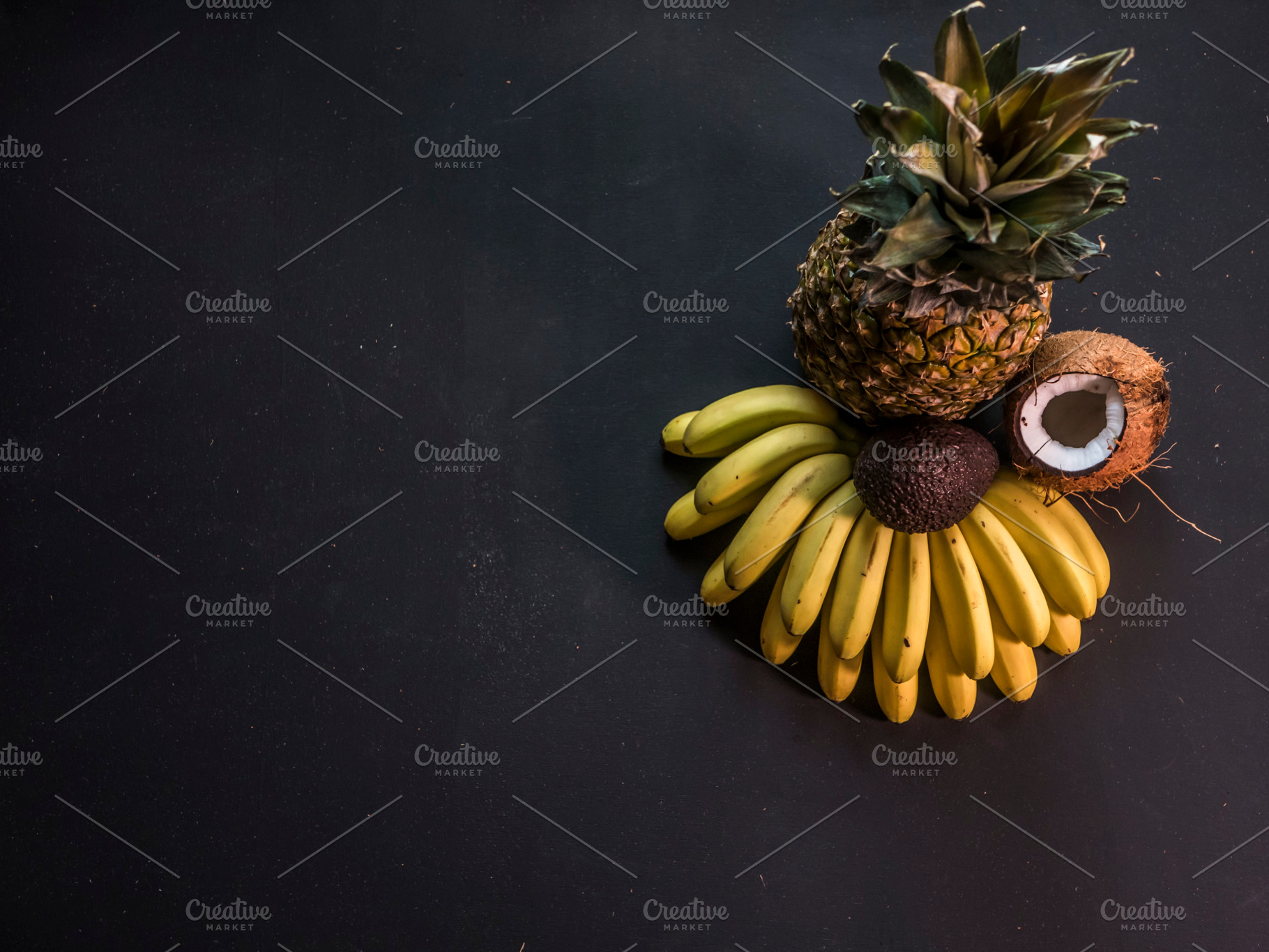 Overhead Copy Space Pineapple Mini Bananas And Coconut Exotic Fruit Concept High Quality Food Images Creative Market