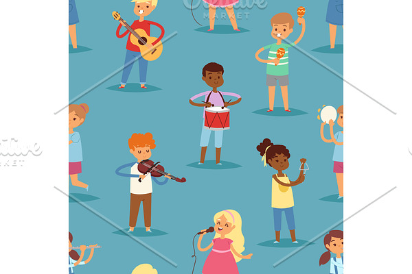 Music kids vector cartoon characters set of children singing or playing