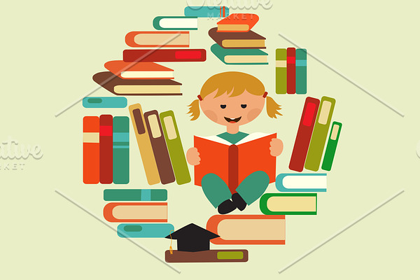 Kids with books vector set | Pre-Designed Illustrator Graphics