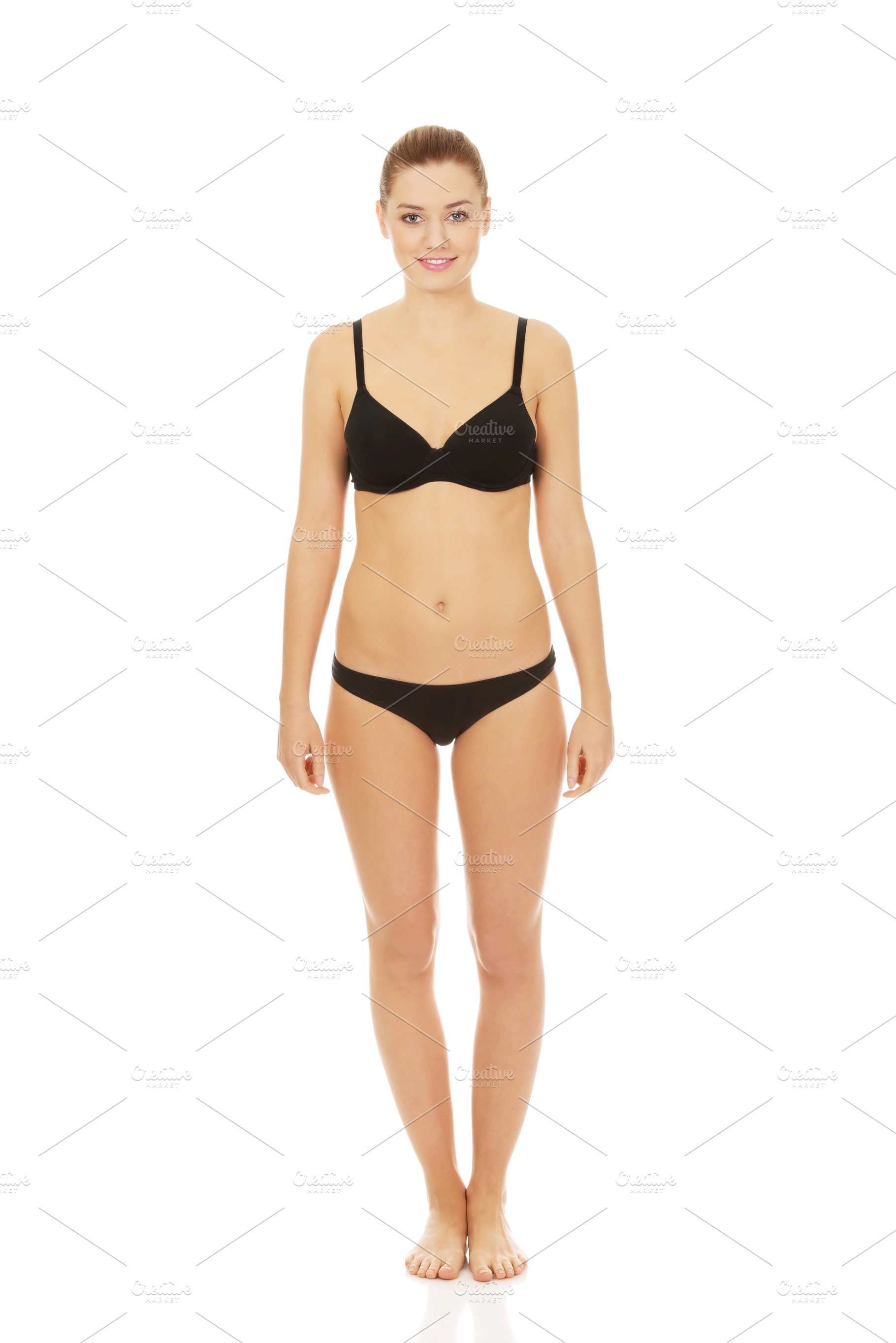 Close up of women body in white template blank panties isolated on white  background. Front back view. Mock up underwear with copy space. Shave  bikini line and body spa concept. Cropped image.