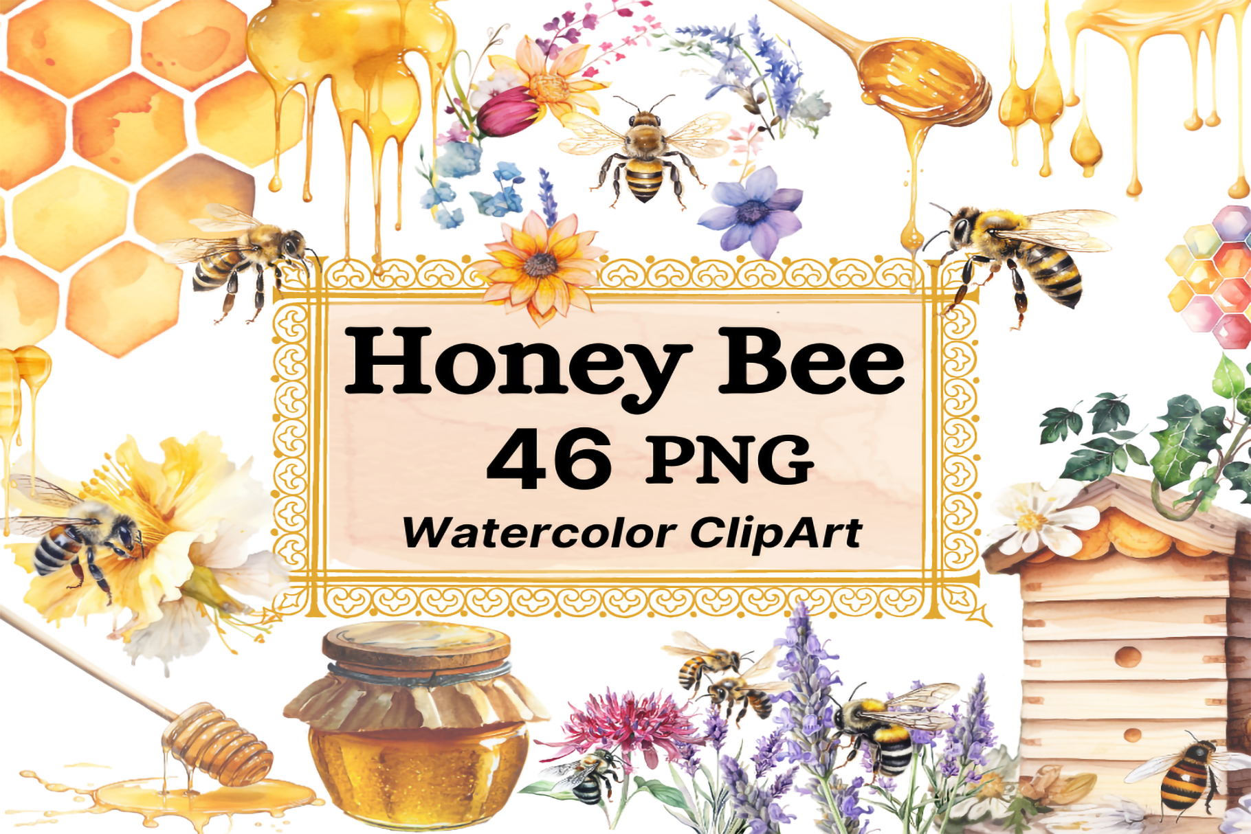 Watercolor Honey Bees Clipart. Bee Items Graphic by NKTKNS