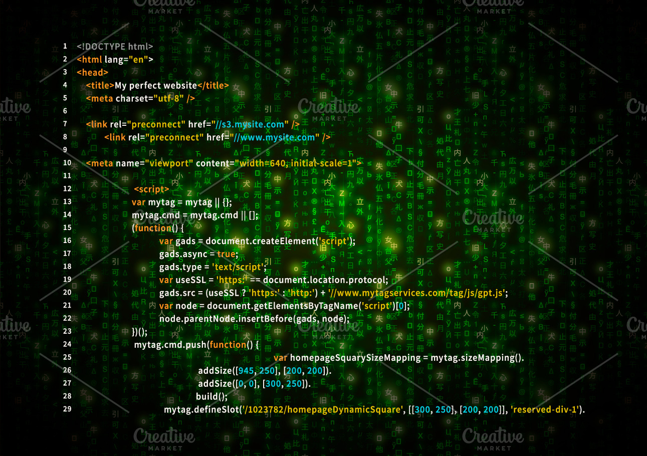 Simple HTML code on green matrix | Pre-Designed Photoshop Graphics