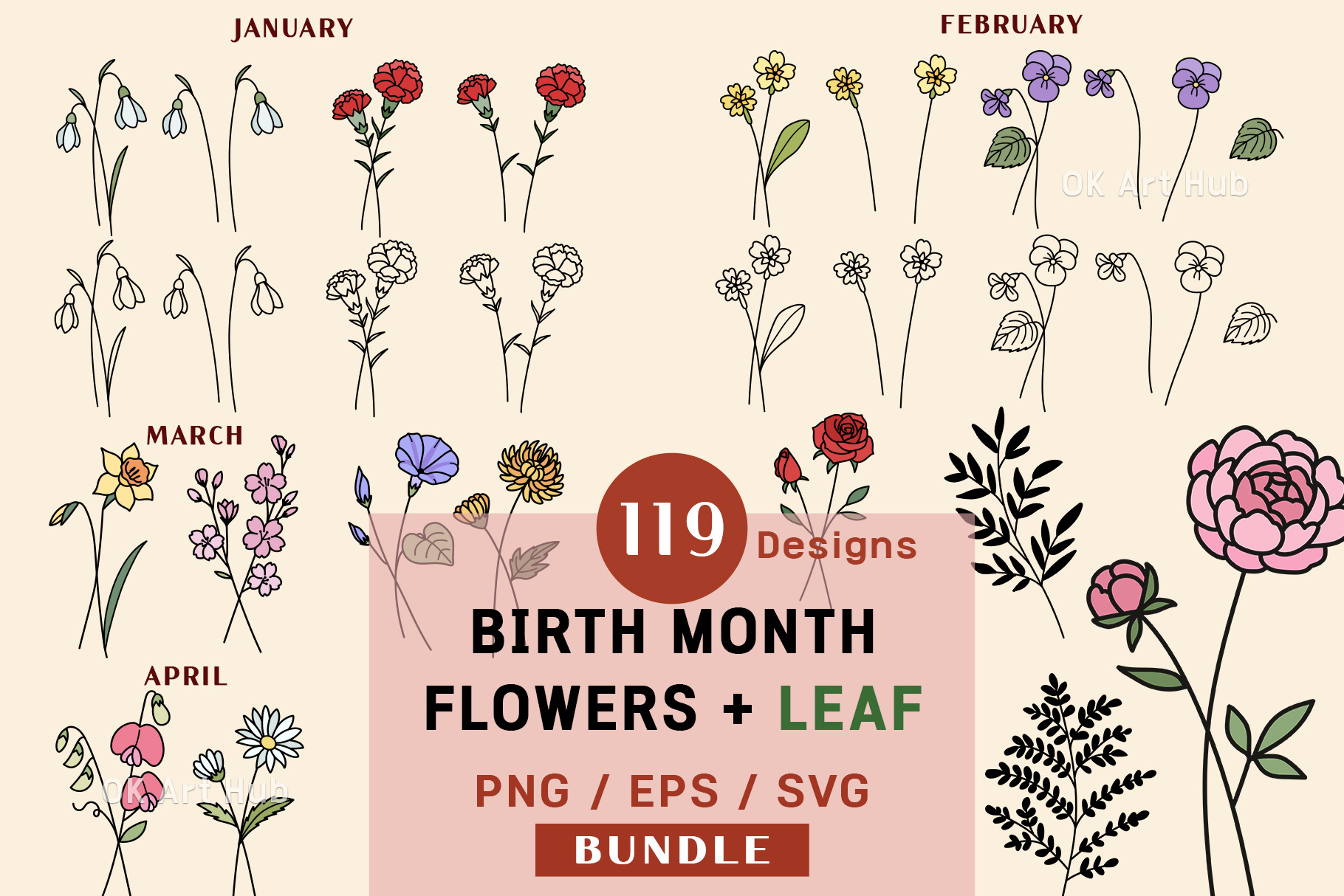 Birth Flowers Vector Bundle Clipart | Decorative Illustrations ...