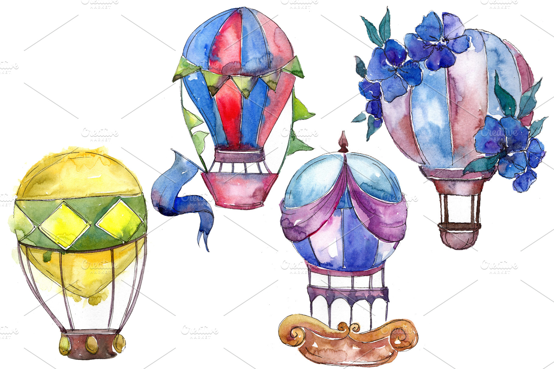 Aquarelle hot air balloon PNG set | Illustrations ~ Creative Market