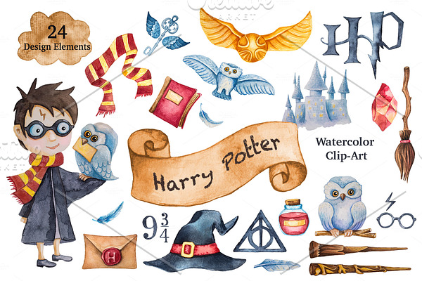 Harry Potter Watercolor Clip-Art | Pre-Designed Photoshop Graphics ...