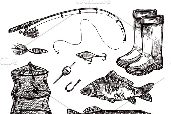 Fishing hand drawn set | Pre-Designed Illustrator Graphics ~ Creative