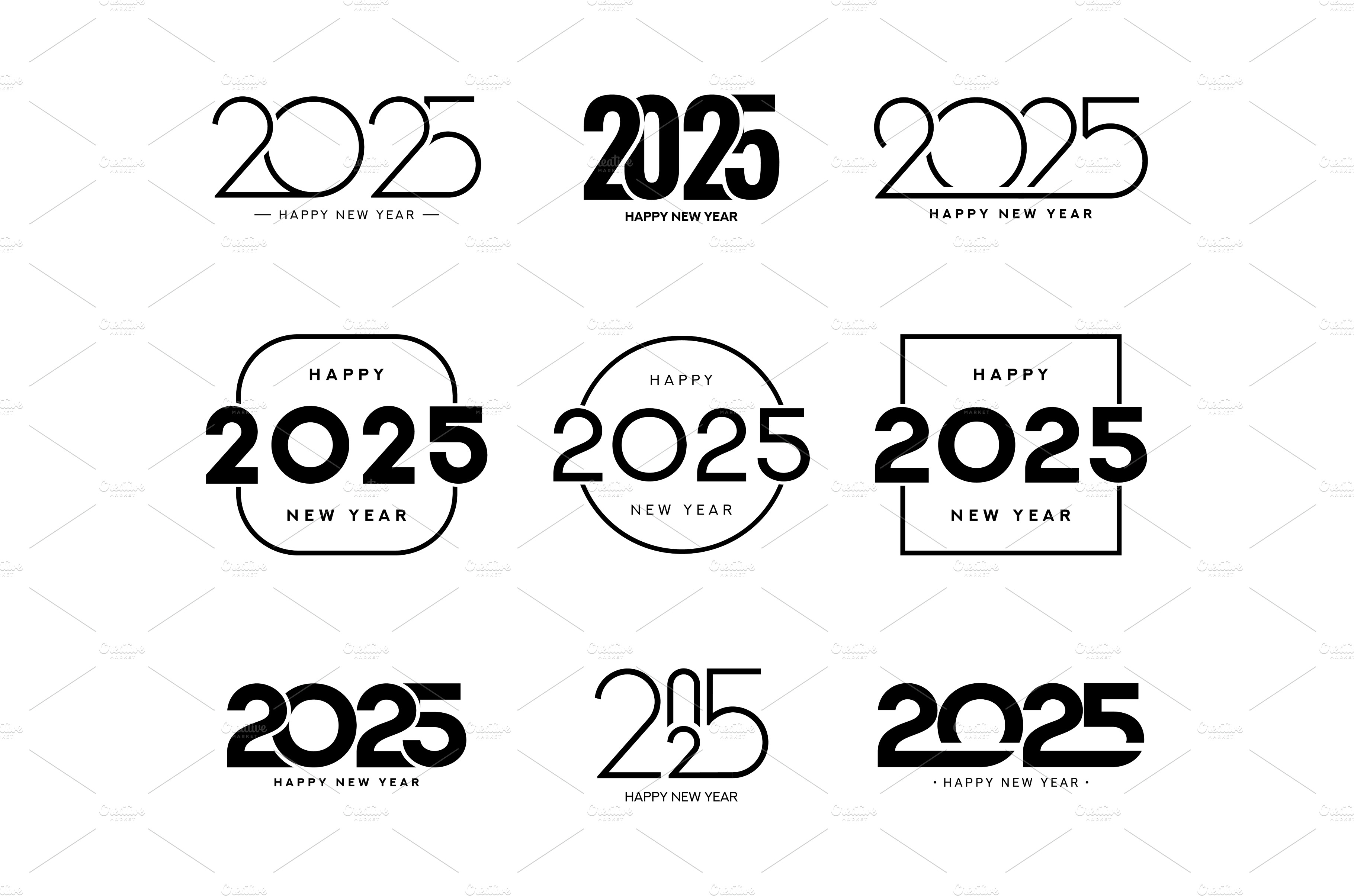 Set of Happy New Year 2025 logos Object Illustrations Creative Market