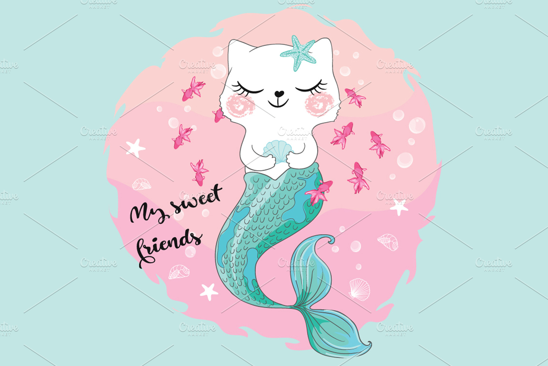 Cute cat mermaid vector.Cat girl. | Animal Illustrations ~ Creative Market