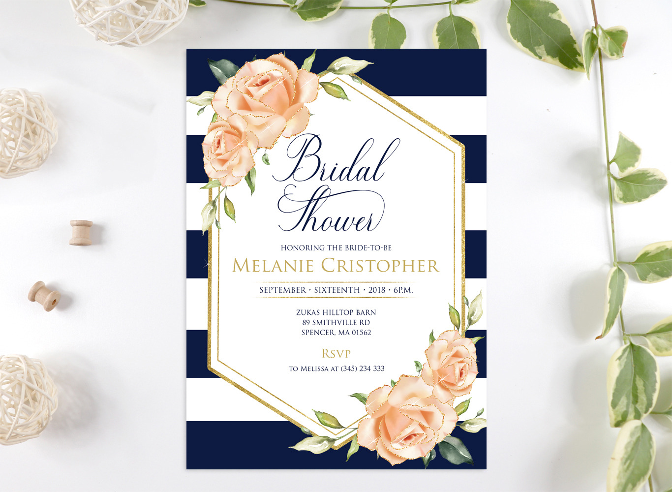 Navy Rose Gold Roses Bridal Shower Creative Photoshop Templates Creative Market