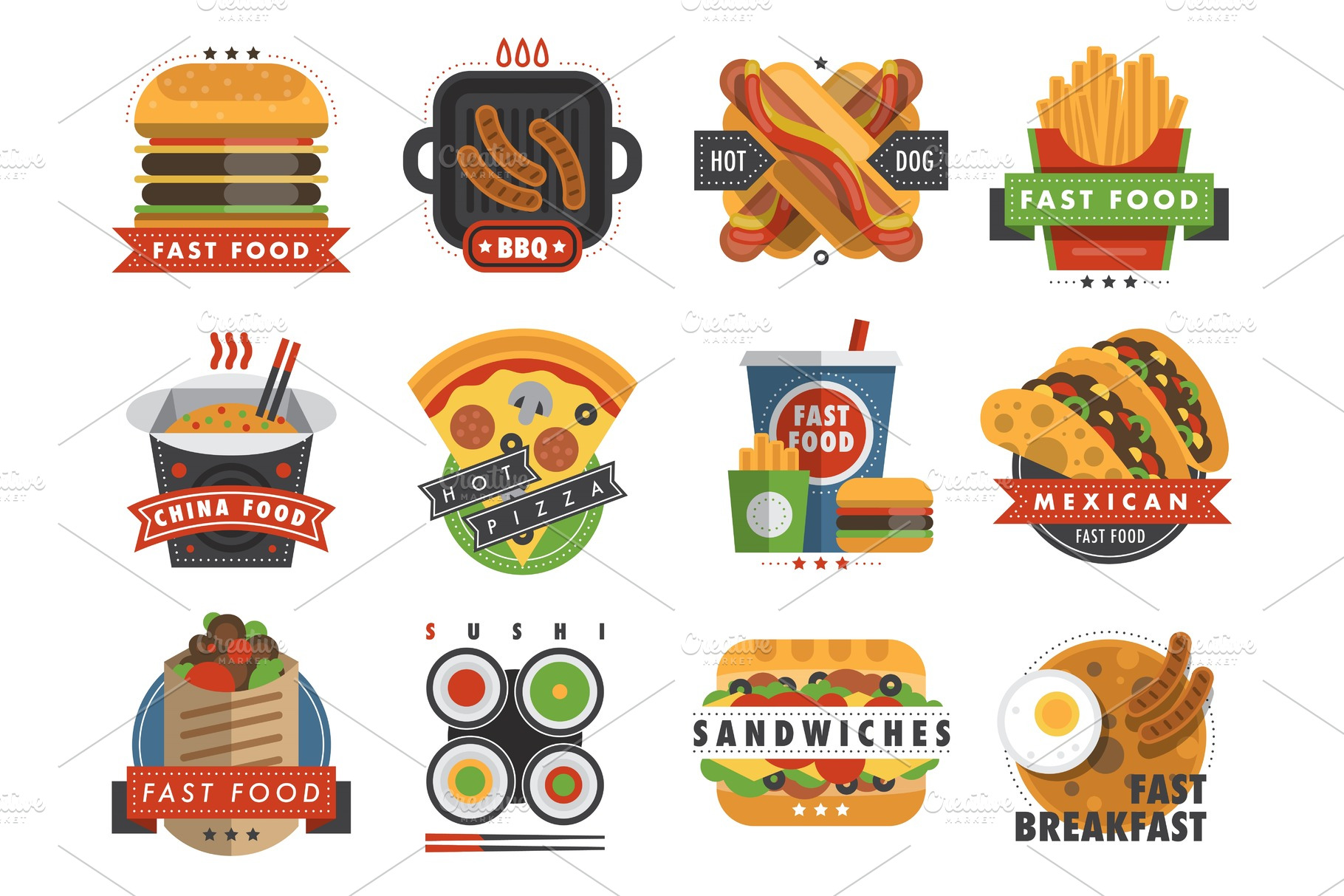 Fast food flat label logo emblem | Food Illustrations ~ Creative Market