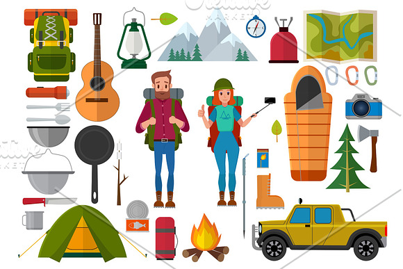 Hiking camping equipment base camp gear and outdoor accessories Stock  Vector by ©tigatelu 167295108