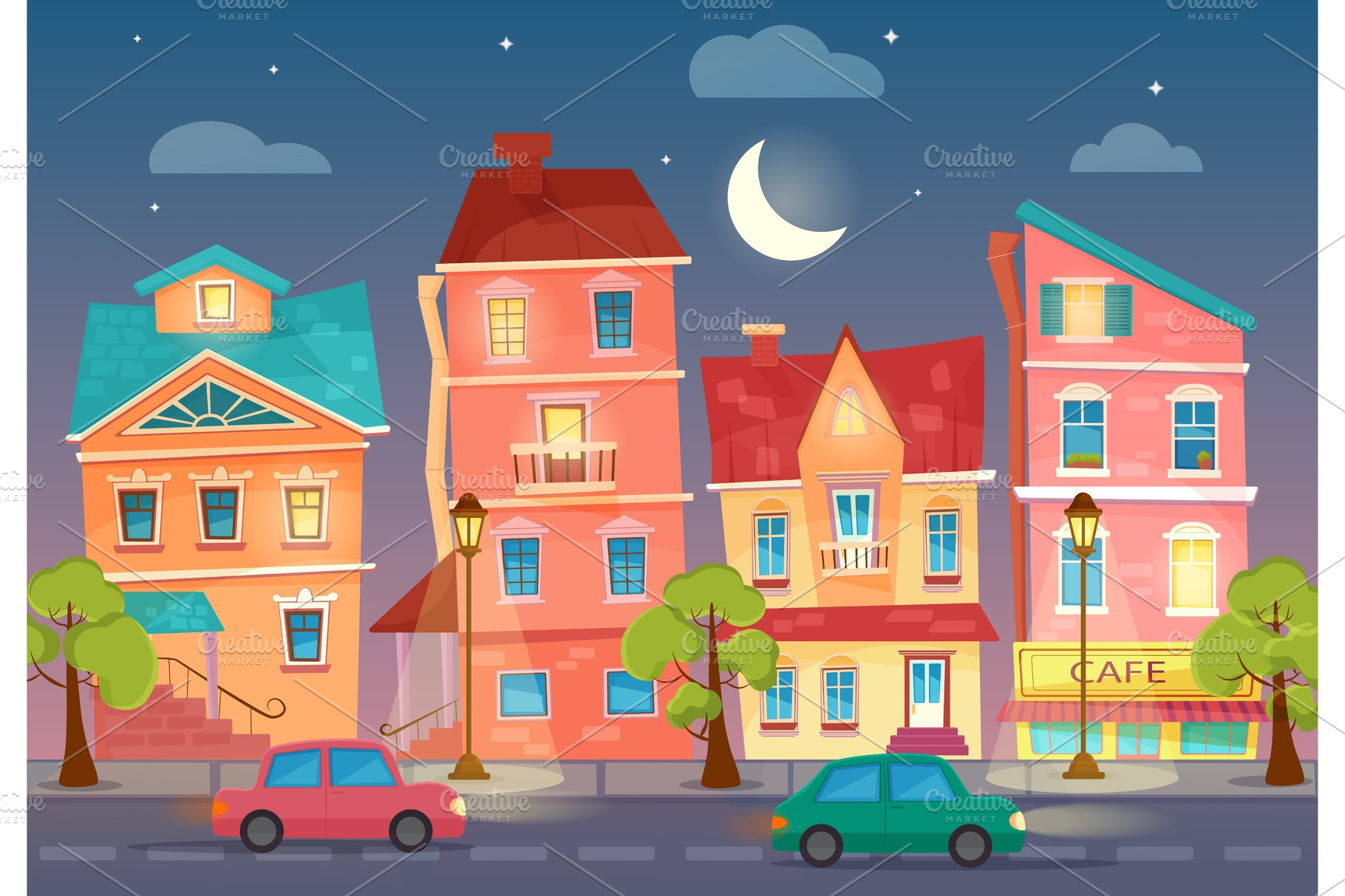 Cartoon City street at night | Decorative Illustrations ~ Creative Market