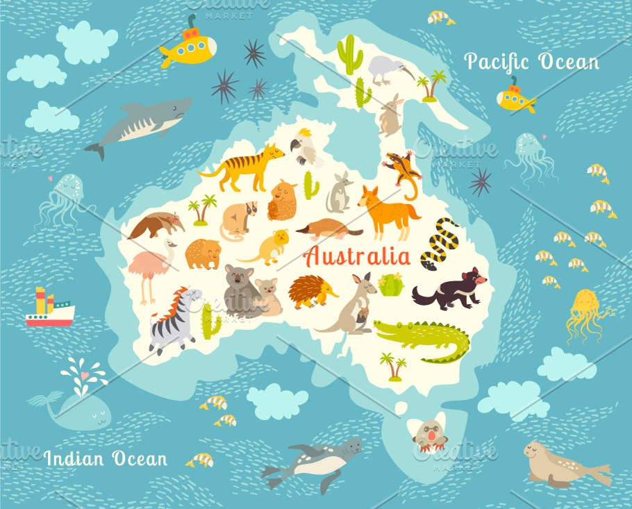 Animals World Map Australia Pre Designed Illustrator Graphics Creative Market