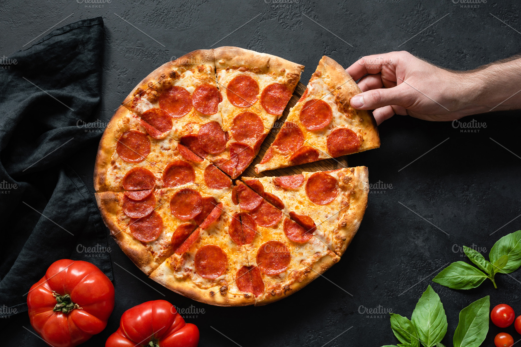 Hand Picking Slice Pepperoni Pizza Stock Photo Containing Pizza And