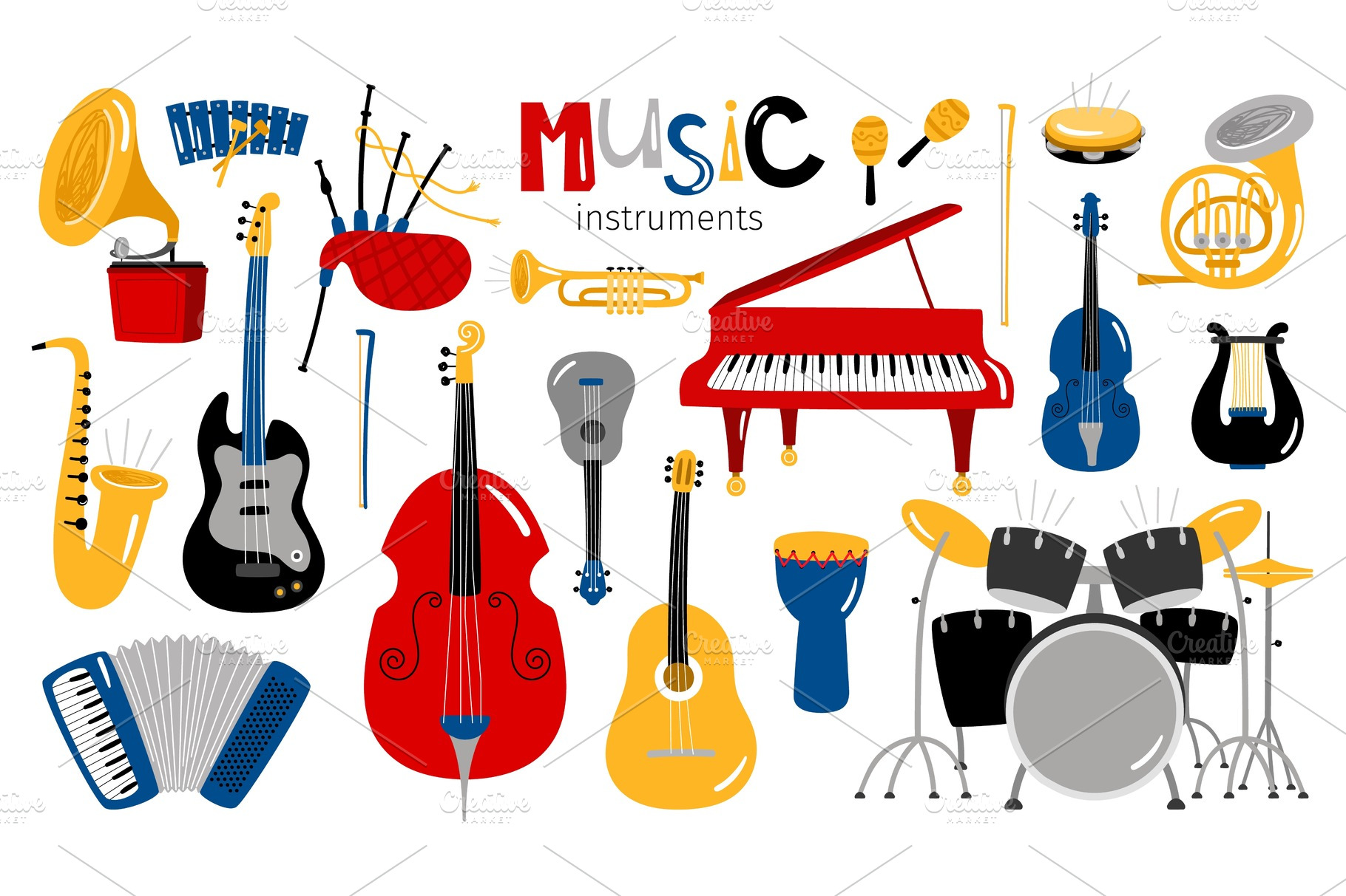 Cartoon musical instruments | Pre-Designed Vector Graphics ~ Creative