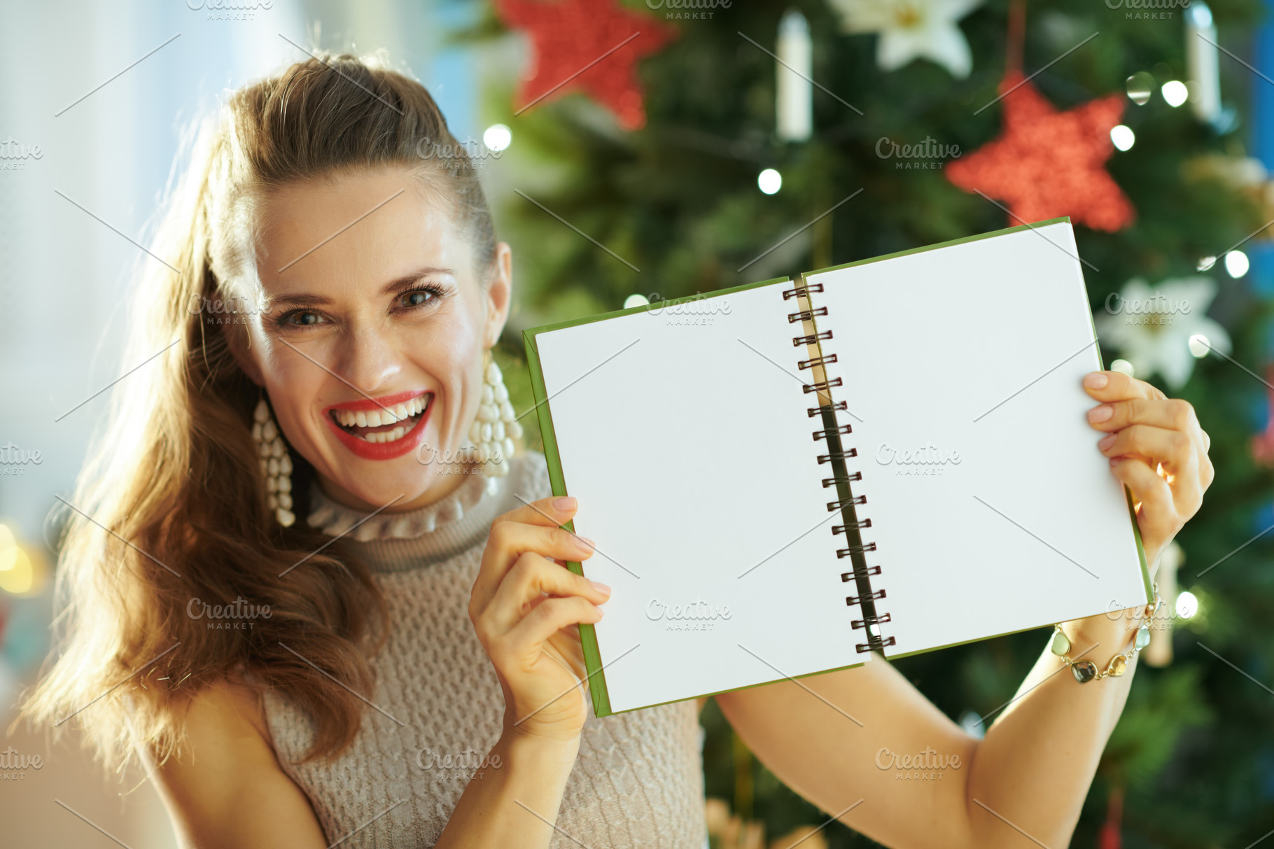 smiling-modern-housewife-showing-not-featuring-merry-christmas-diary