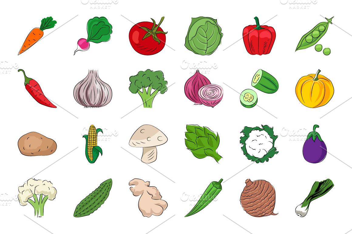 Fruits and Vegetables Sketch Icons | Illustrator Graphics ~ Creative Market