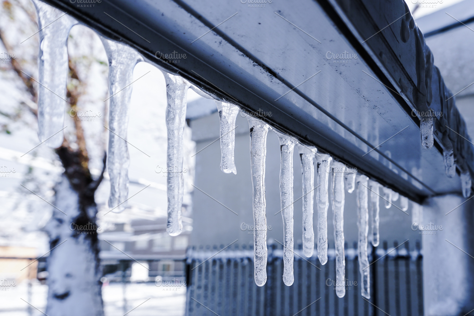 Icicle Is Hanging From A Roof Featuring Background Bright And Building High Quality Nature Stock Photos Creative Market