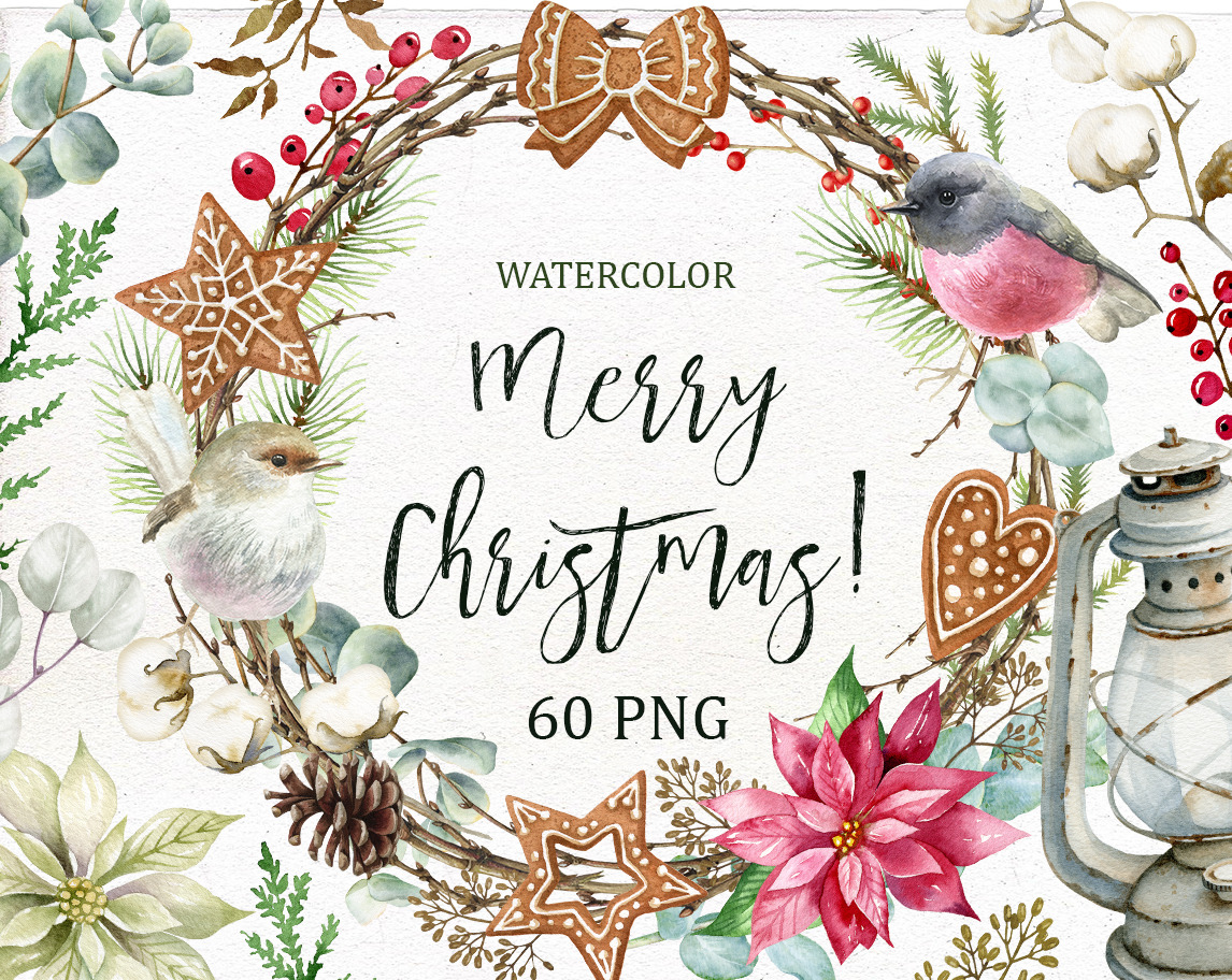 Watercolor Merry Christmas Clipart. | Pre-Designed Photoshop Graphics ...