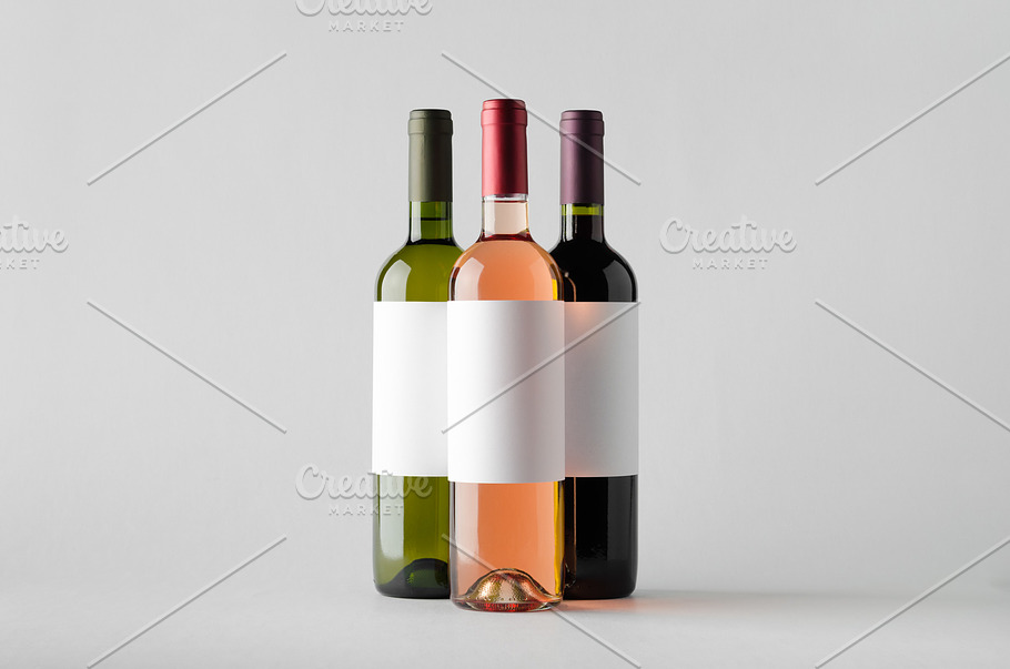 Download Wine Bottle Mockup Three Bottles Stock Photo Containing 750ml And Rose High Quality Food Images Creative Market