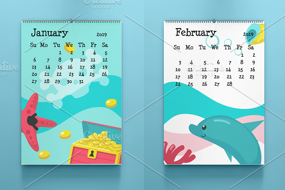 Kids calendar with animal pirates | Pre-Designed Illustrator Graphics ...