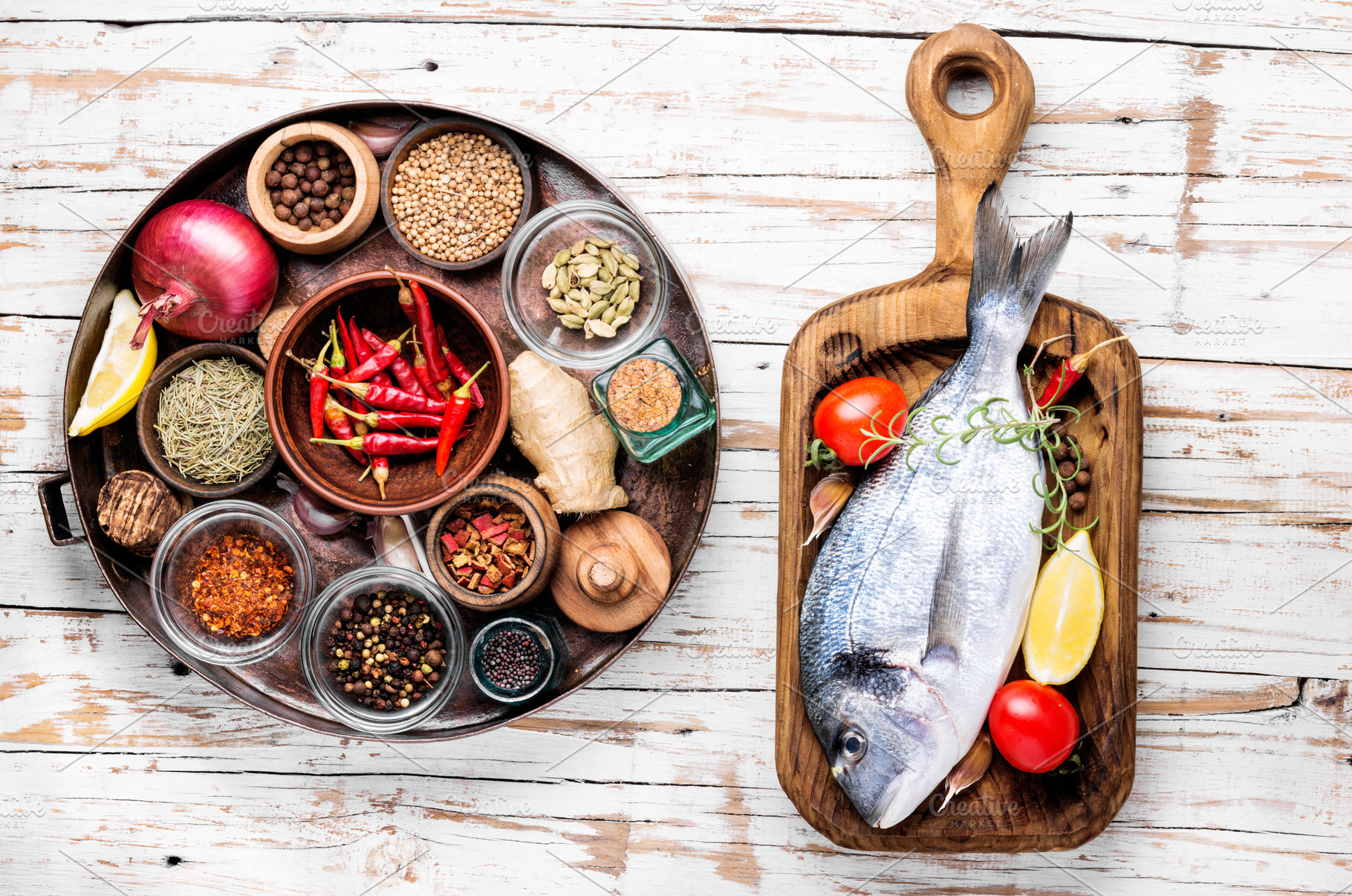 Dorado fish on cutting board.  Food Images ~ Creative Market