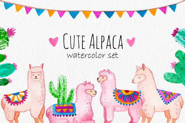 Cute Alpaca Watercolor Clipart Set Pre Designed Photoshop Graphics Creative Market