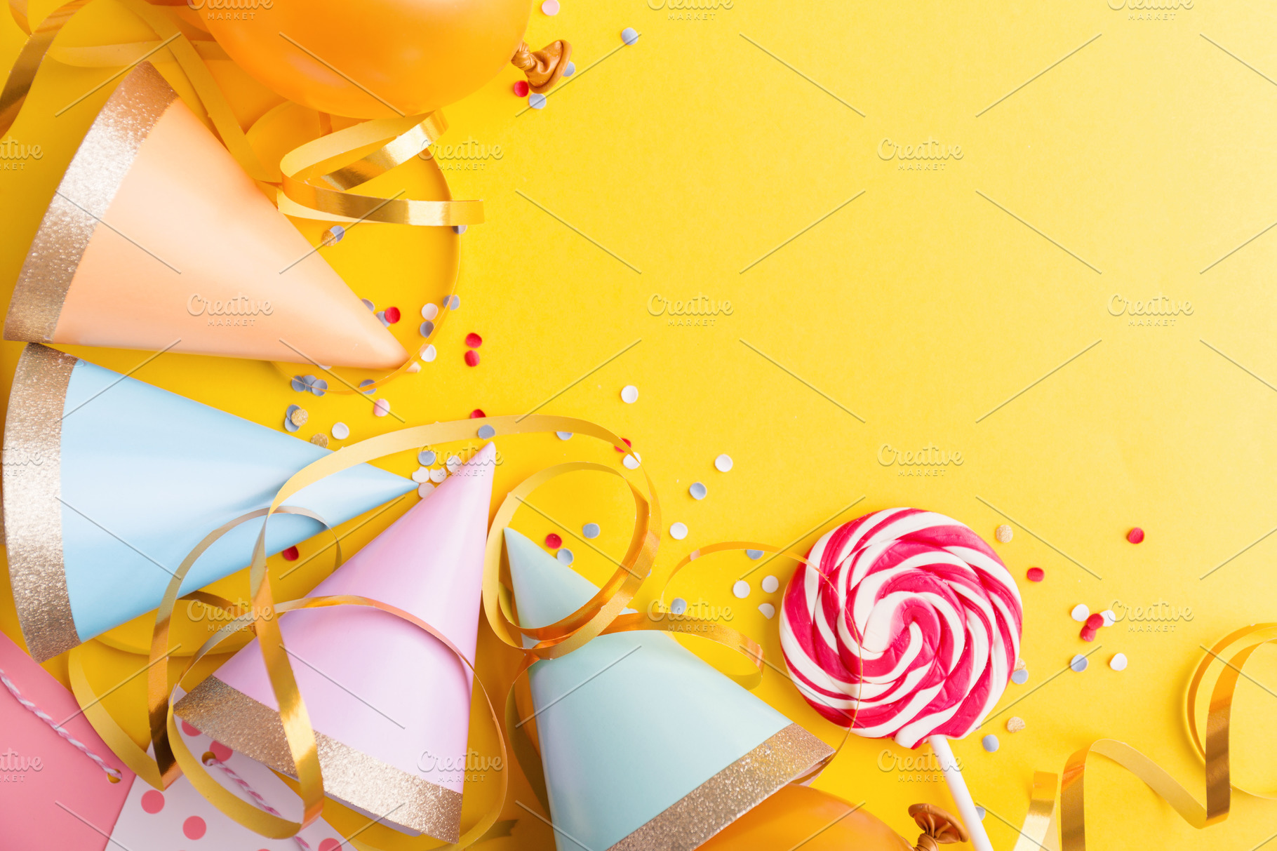 Birthday party background on yellow containing birthday, background, and  party | Holiday Stock Photos ~ Creative Market