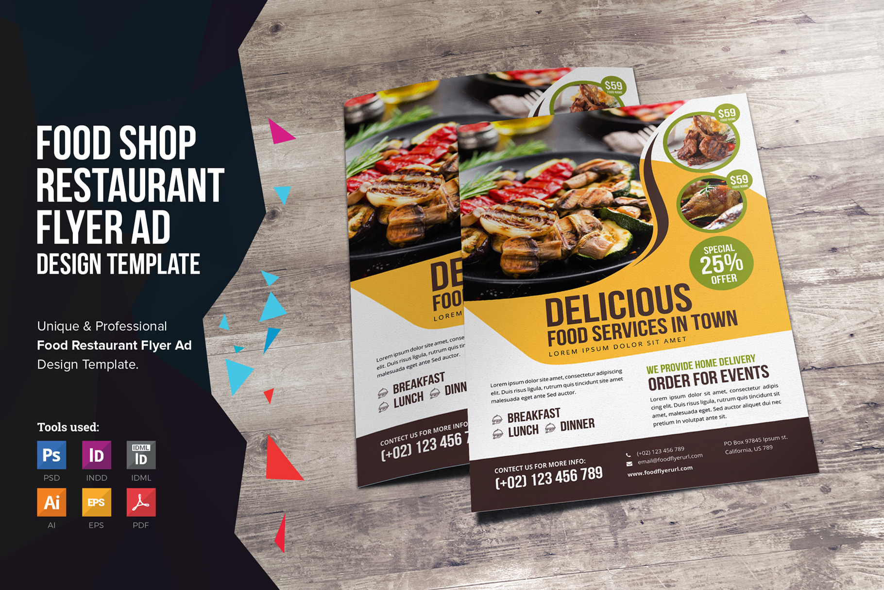 Food Restaurant Flyer Design V2 Creative Illustrator Templates Creative Market