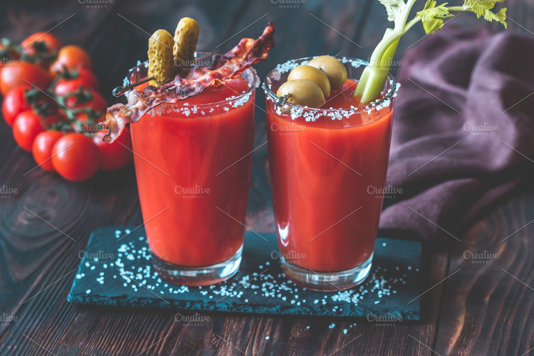 Two glasses of Bloody Mary with bacon rashers Stock Photo by Alex9500