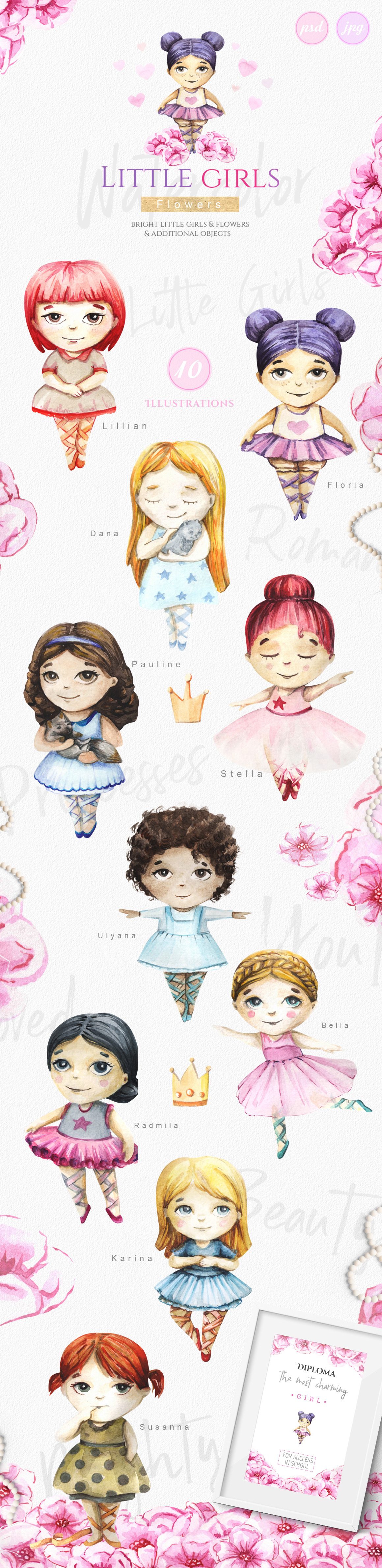 Little girls and pink flowers | Decorative Illustrations ~ Creative Market