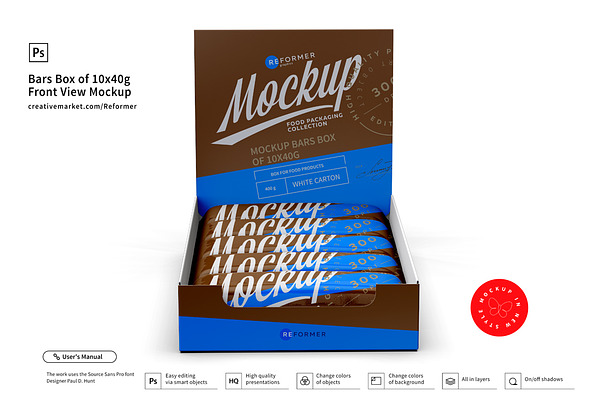 Download Bars Box of 10x40g Front View Mockup | Creative Product ...