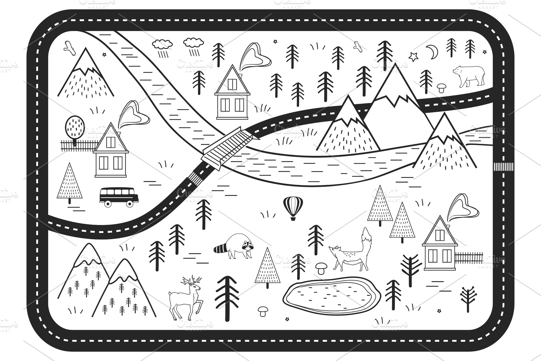 Black and White Kids Road Play Mat | Animal Illustrations ~ Creative Market