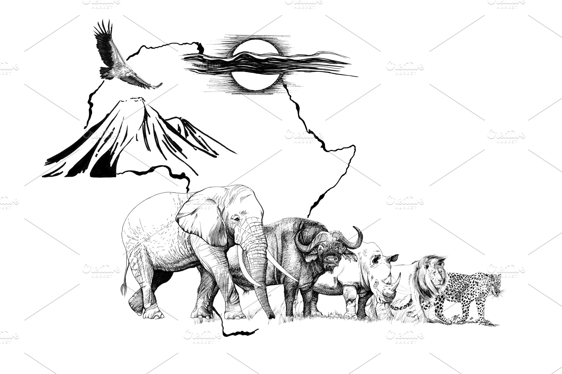 Big african five animal on Africa ma | Custom-Designed Illustrations