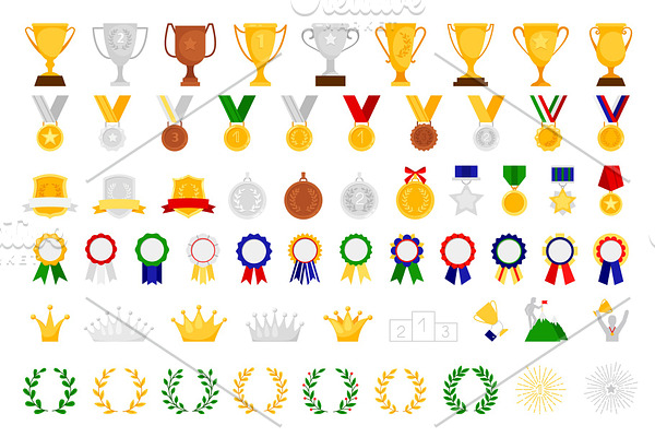 Set of awards cup and crown with | Pre-Designed Vector Graphics