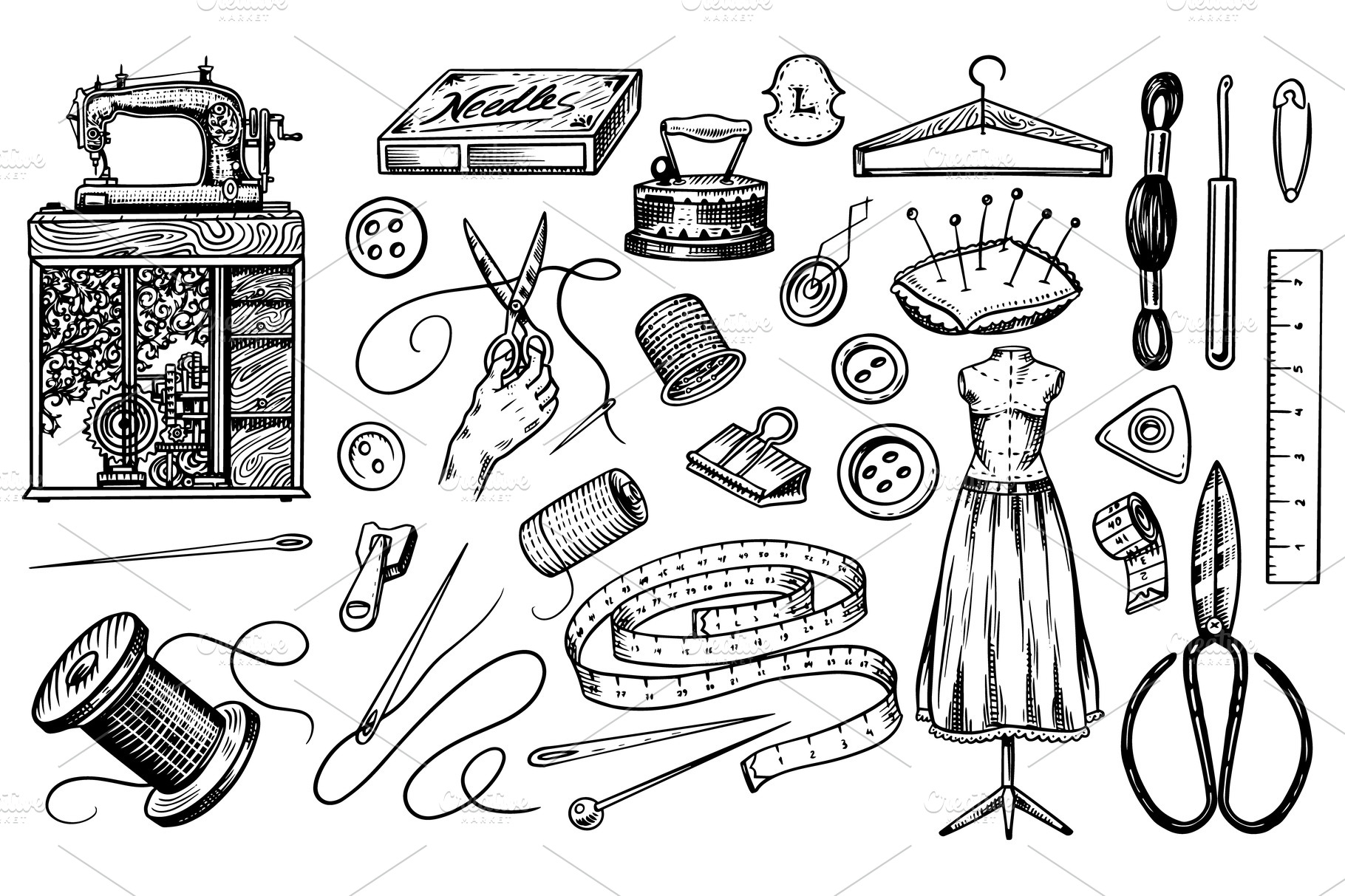 Set of sewing tools and Graphic Objects Creative Market