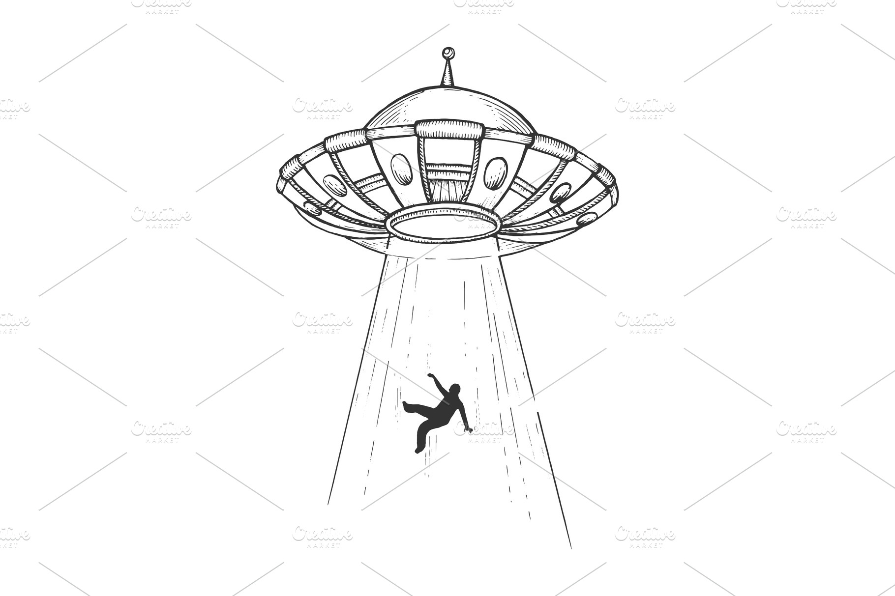 UFO kidnaps human engraving vector | Vector Graphics ~ Creative Market