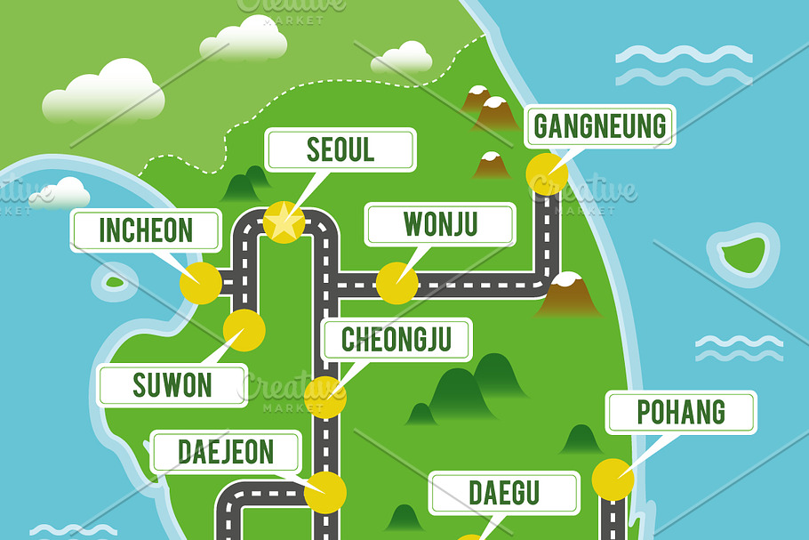 Illustrated map of South Korea | Pre-Designed Illustrator Graphics ...