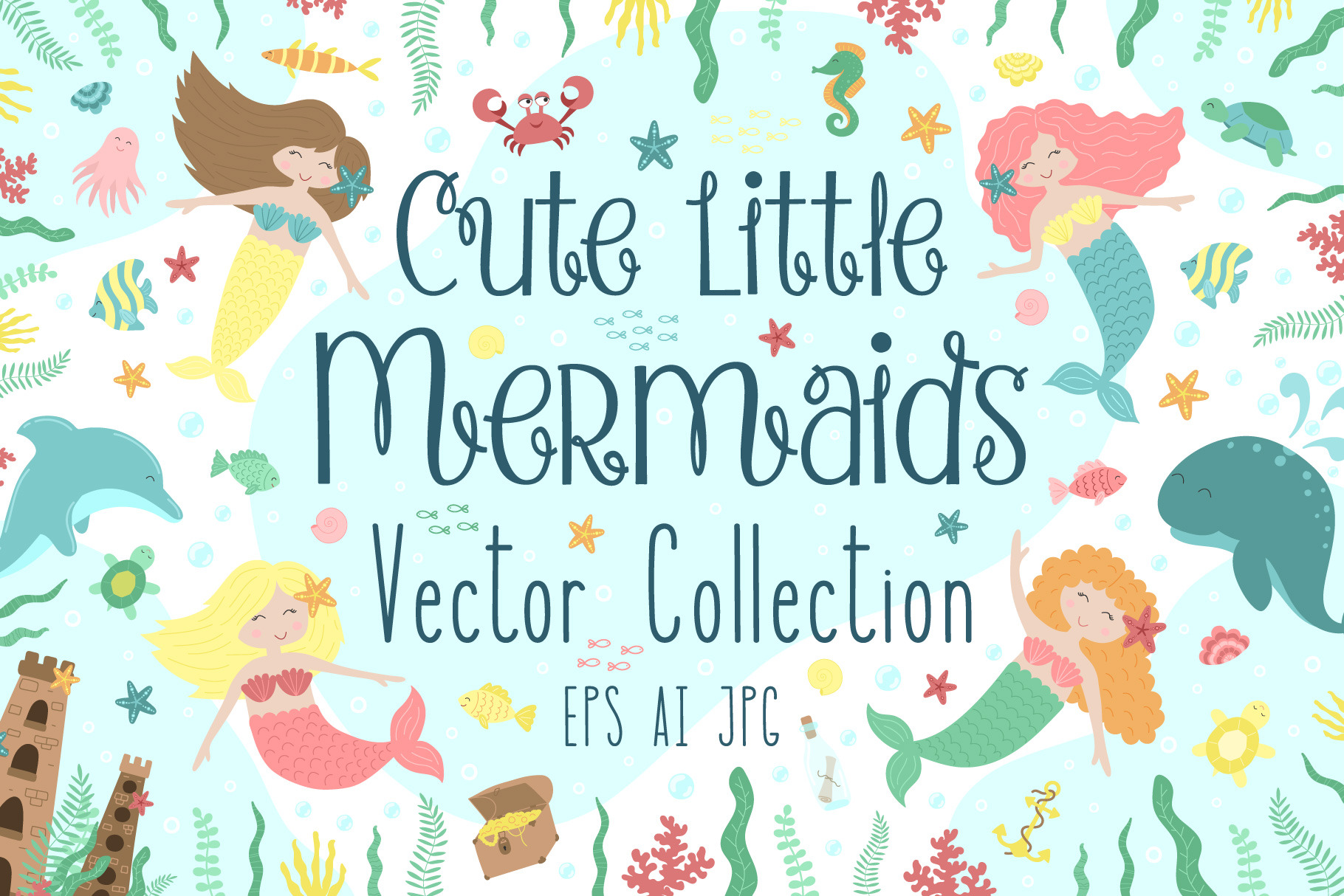 Cute vector little mermaids | Background Graphics ~ Creative Market