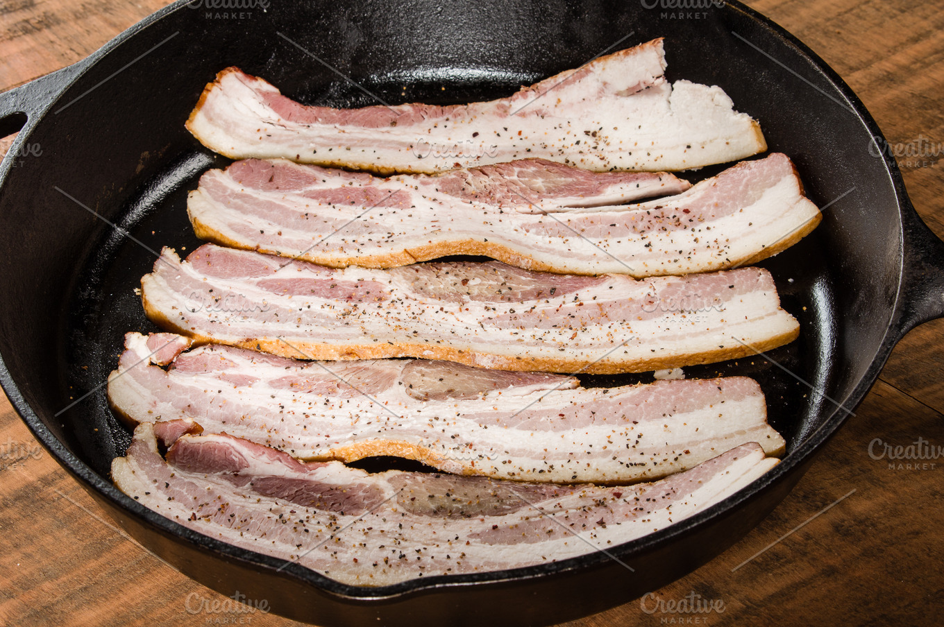 Cast iron skillet frying bacon HighQuality Food Images Creative Market