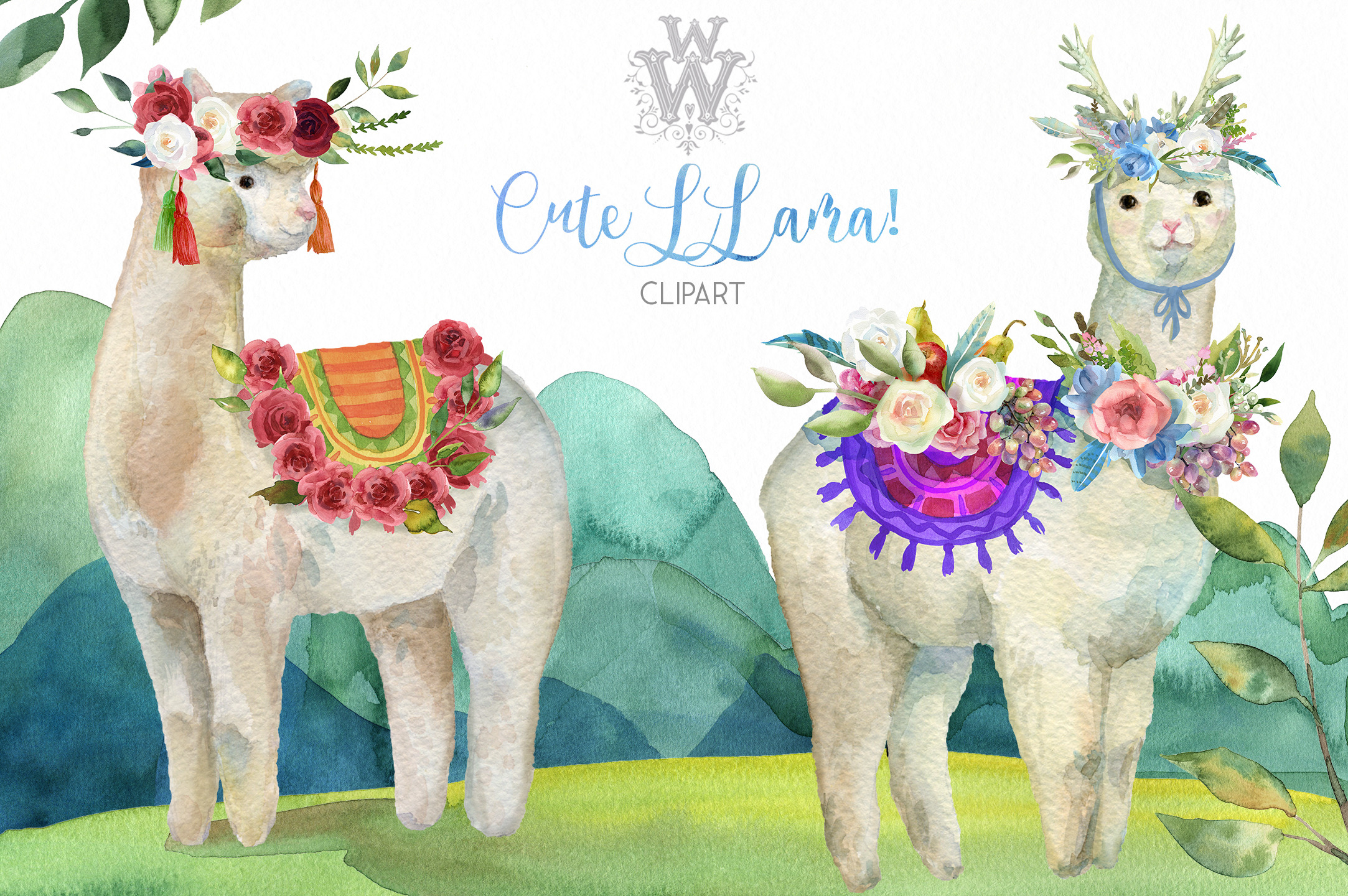 Cute Watercolor Llama Alpaca Clipart Pre Designed Photoshop Graphics Creative Market