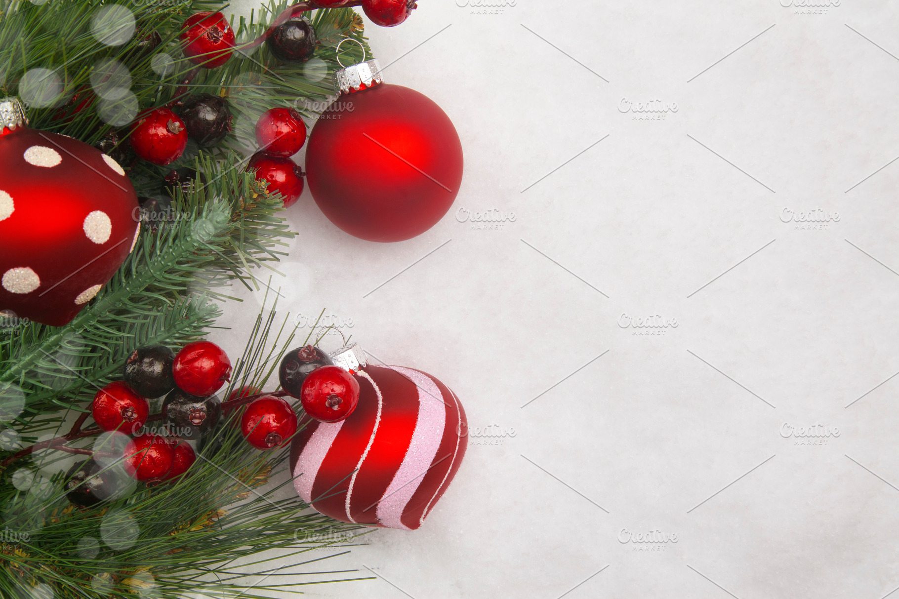 Ornaments in the snow background stock photo containing christmas and