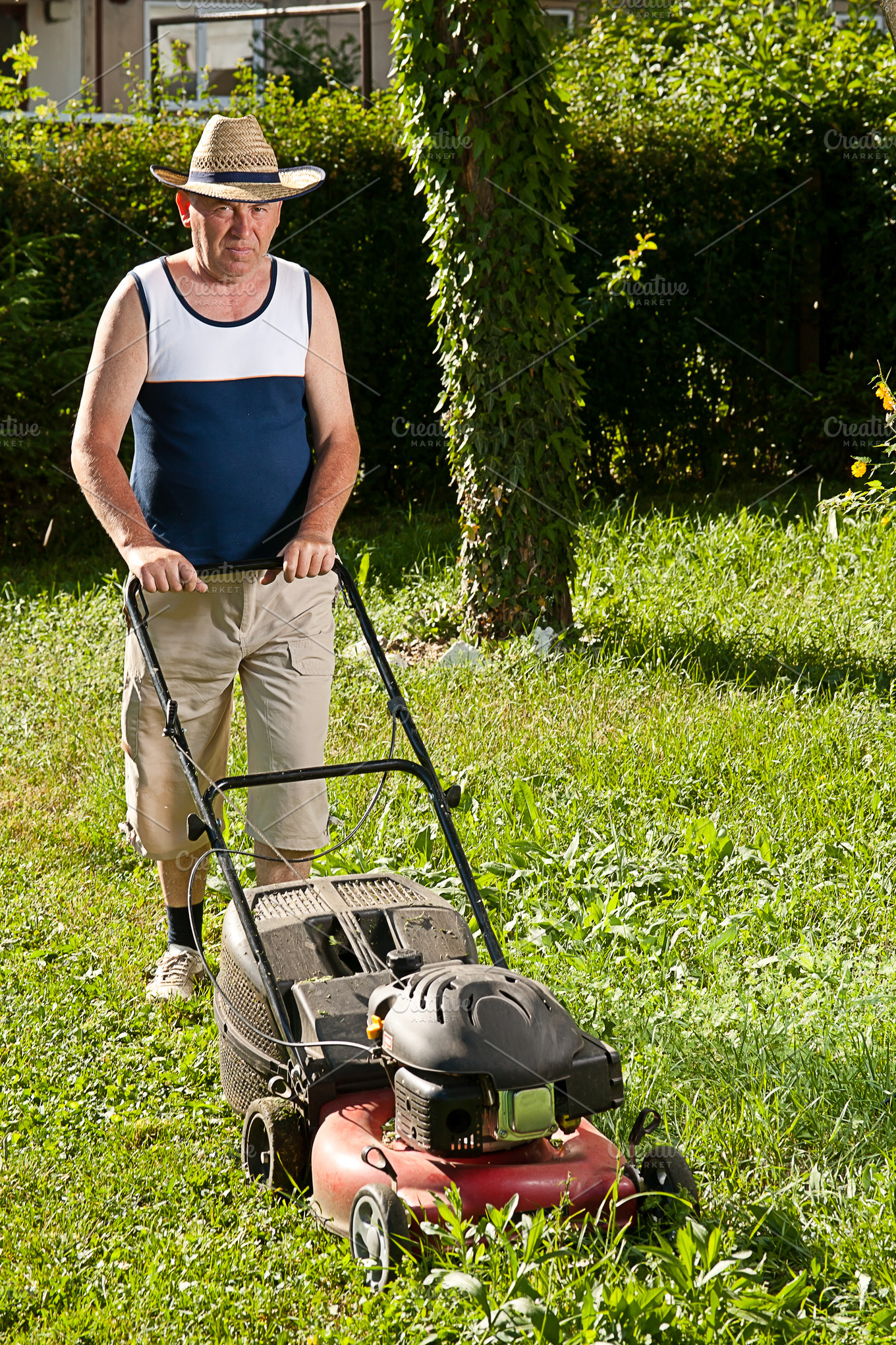 Man mowing the lawn featuring backyard, clipper, and cut